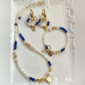 S58-Handmade Lapis, Mother of Pearl And Freshwater Pearl 3Pcs Set